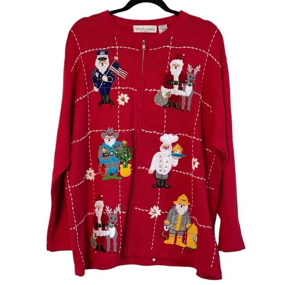 Victoria Jones Vintage Embroidered Embellished Santa Xmas Cardigan Sweater Sz 2X - Picture 1 of 16